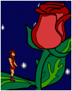 A small figure standing on a leaf beside a large red rose against a dark blue background.