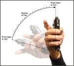 A hand holding a device with an overlaid arc diagram showing tracked motion in 3D space.