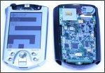 Front and back views of a handheld device, with internal circuitry visible